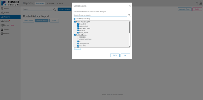 Select one or multiple vehicles and a date range to generate the report.