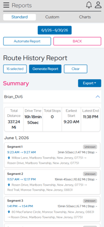 The mobile-friendly card view makes route history easier to review on smaller screens.