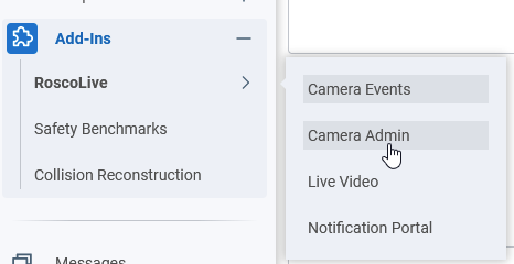 Geotab add-ins menu drawer open and showing RoscoLive add-in with the Camera Admin page highlighted with a cursor hovering over it.